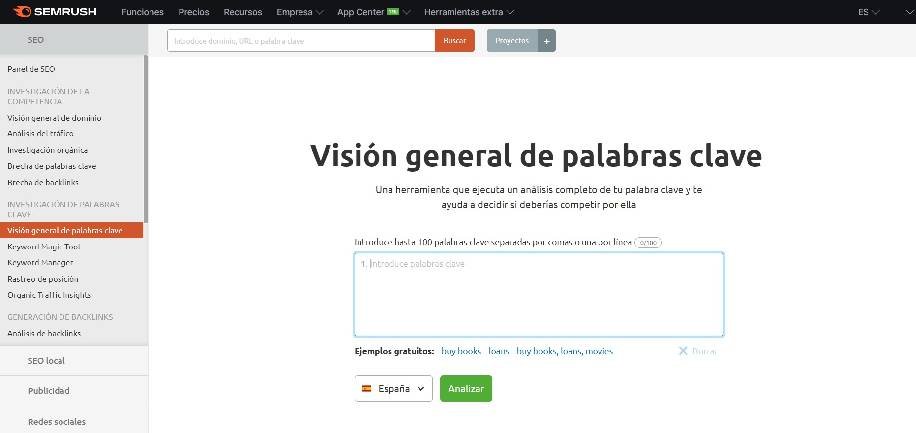 Visión general de palabras clave en Semrush